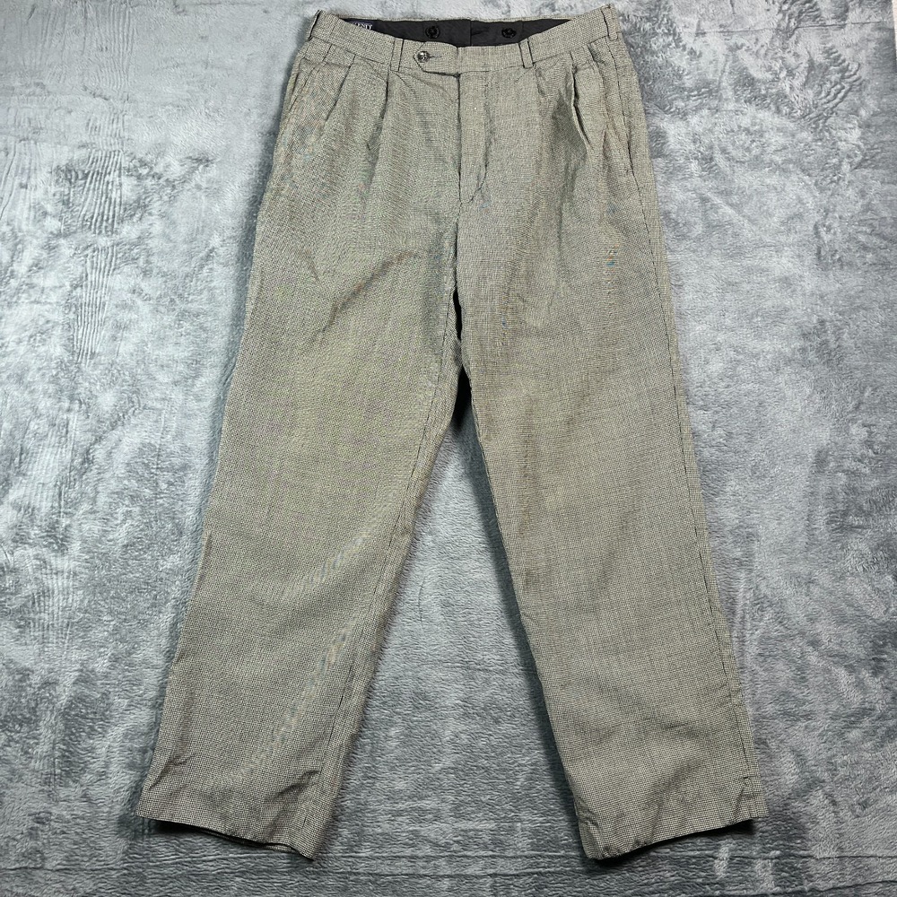 VTG Lands' End Dress Pants Mens 33R Black White Micro Houndstooth Wool Pleated
